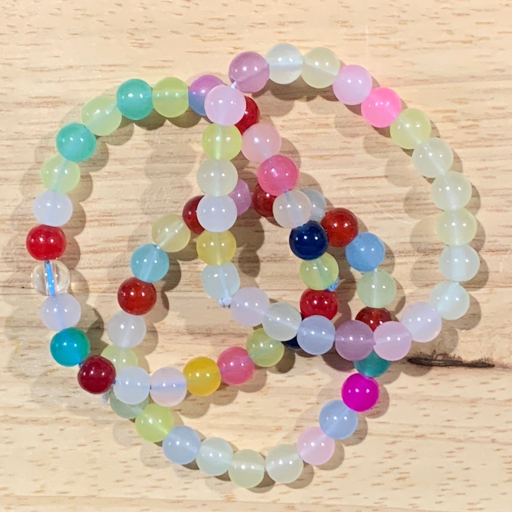 Handcrafted Bracelets Set of 3 Multicolor Glass Bead Stretch Rainbow Translucent